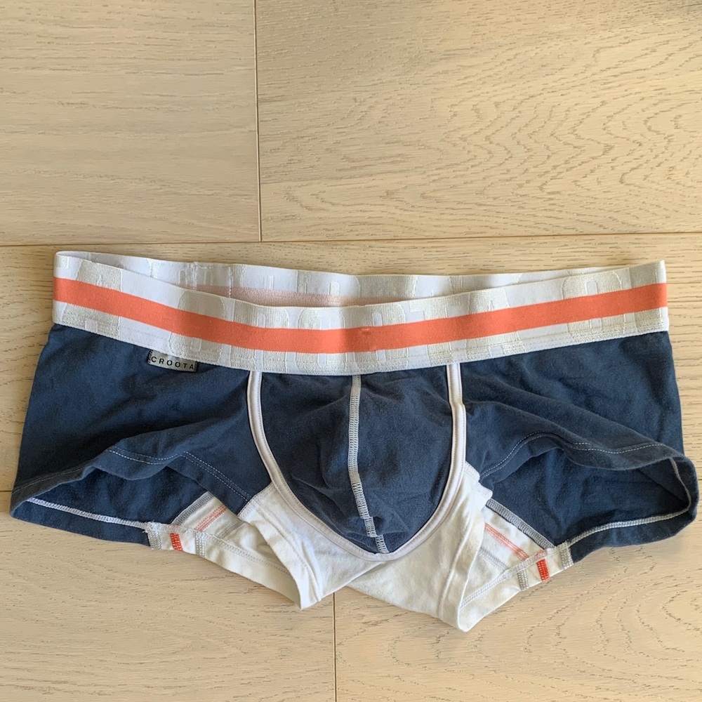 Navy and White Boxer Briefs with Orange Accents